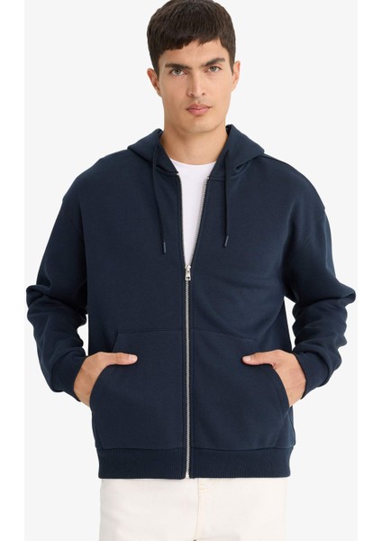 Comfort Fit Kapüşonlu İçi Yumuşak Tüylü Basic Düz Cepli Kalın Fermuarlı Sweatshirt D7599AX25AU