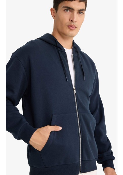 Comfort Fit Kapüşonlu İçi Yumuşak Tüylü Basic Düz Cepli Kalın Fermuarlı Sweatshirt D7599AX25AU fırsatları