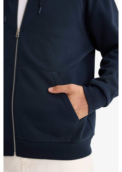 Comfort Fit Kapüşonlu İçi Yumuşak Tüylü Basic Düz Cepli Kalın Fermuarlı Sweatshirt D7599AX25AU indirimleri