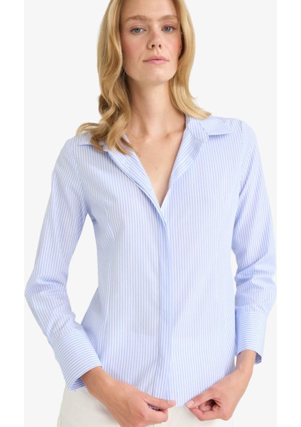 Fitted Çizgili Poplin Uzun Kollu Gömlek D3172AX25WN