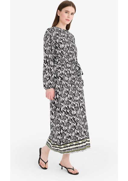 Regular Fit Bisiklet Yaka Desenli Kuşaklı Uzun Kollu Maxi Elbise D9835AX25SM