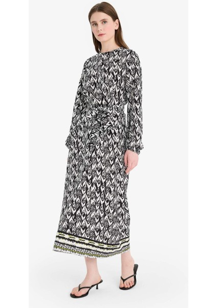 Regular Fit Bisiklet Yaka Desenli Kuşaklı Uzun Kollu Maxi Elbise D9835AX25SM fiyatları