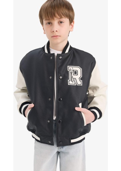 Erkek Çocuk Okul Su Geçirmez Kolej Yaka Fermuarlı Çift Cepli Mevsimlik Suni Deri Bomber Mont Ceket C7088A825AU modelleri