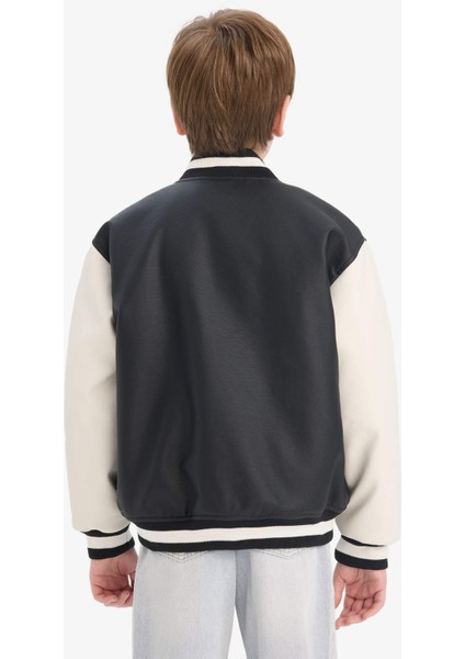 Erkek Çocuk Okul Su Geçirmez Kolej Yaka Fermuarlı Çift Cepli Mevsimlik Suni Deri Bomber Mont Ceket C7088A825AU