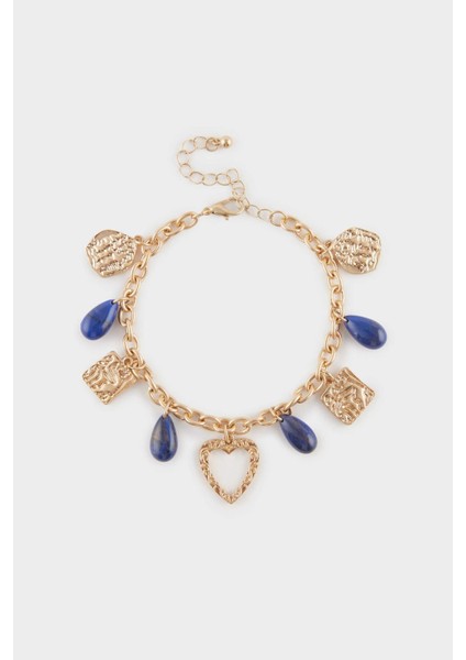 Kadın Mavi Taşlı Kalpli Gold Bileklik F6668AXNS