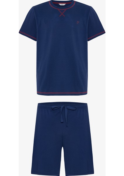 Indigo Erkek Navy Star Bisiklet Yaka Pamuklu Şortlu Pijama Takımı