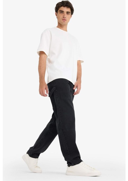 %100 Pamuk Relax Fit Geniş Paça Kargo Cepli Jean Pantolon F2986AX25AU