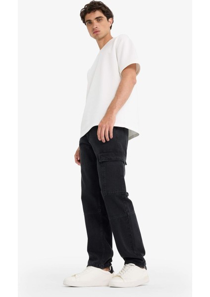 %100 Pamuk Relax Fit Geniş Paça Kargo Cepli Jean Pantolon F2986AX25AU fırsatları