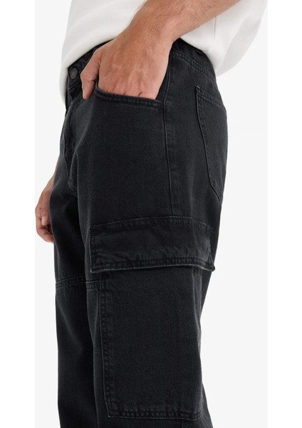 %100 Pamuk Relax Fit Geniş Paça Kargo Cepli Jean Pantolon F2986AX25AU