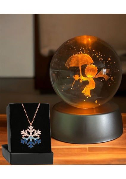 Renk Değiştiren LED Işıklı Kristal Küre Küçük Prens Kolye, Zirkon Kar Tanesi Tasarımı