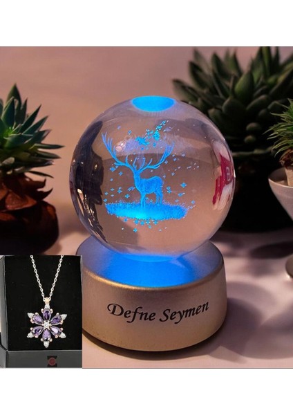 Renkli LED Işıklı Cam Geyik Küreli Kolye, Özel Isimli ve Hediye Seçeneği
