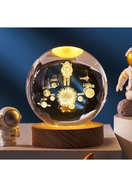Işıklı Ahşap Kaideli Uzay Temalı Cam Küre 8cm, Dekoratif ve Şık Tasarım