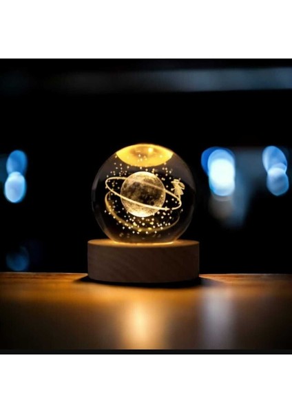 3D Kristal Cam Küre, Ahşap Soketli LED Gece Lambası, Sevimli ve Şık Hediye