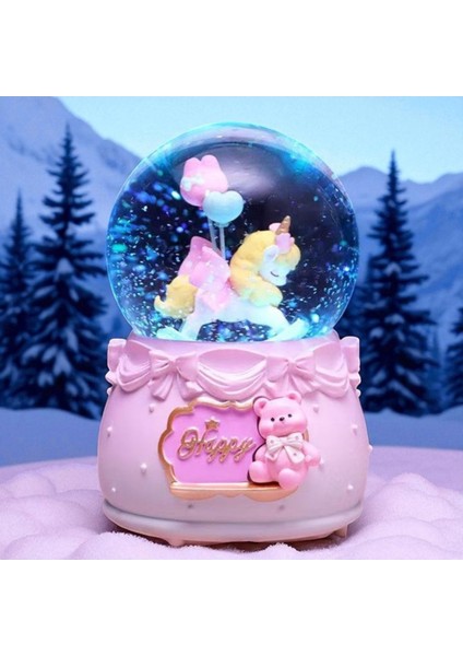 Pembe Unicorn ve Ayıcık Temalı Müzikli Kar Küresi, Neşeli ve Renkli Tasarım
