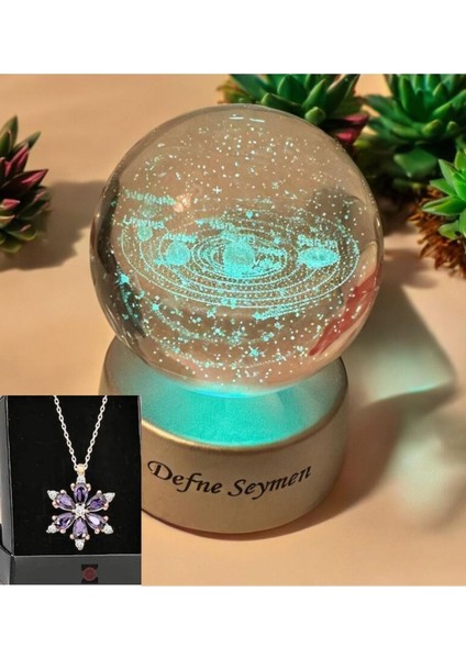 Renk Değiştiren LED Işıklı Cam Küre, Satürn Gezegen Temalı, Hediye ve Kolyeli, Şık Tasarım
