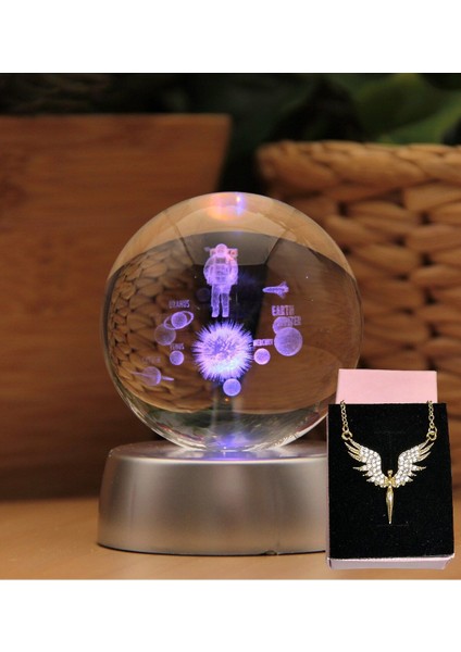 3D Kritalleşmiş Cam Işıklı Küre ve Kolye Seti, Uzay Temalı Hediye