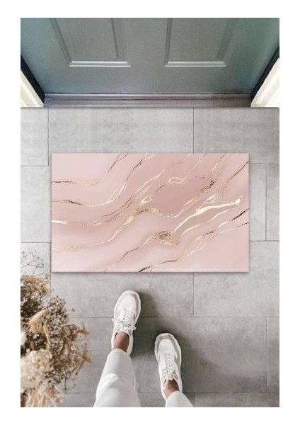 Dekoratif Dijital Modern Dalgalı Açık Pembe Kapı Paspası Dış Mekan Paspas K-3113