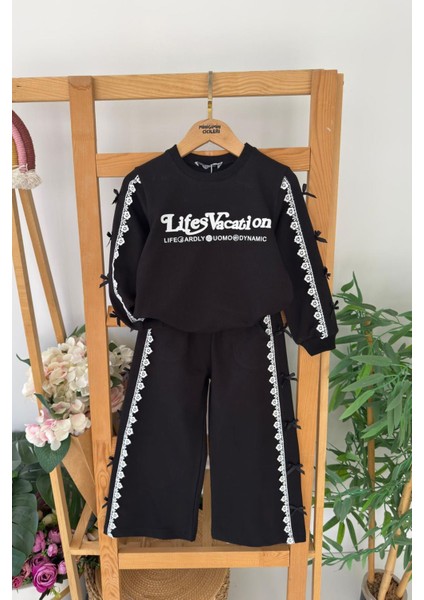 Fiyonk Detaylı Fistolu Kız Çocuk 2 li takım - Siyah