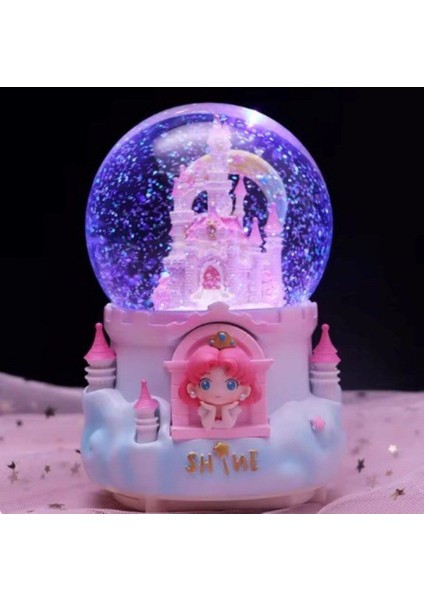 Renkli Işıklı Müzikli Büyük Boy Kar Küresi, Püskürtmeli, Şato Teması