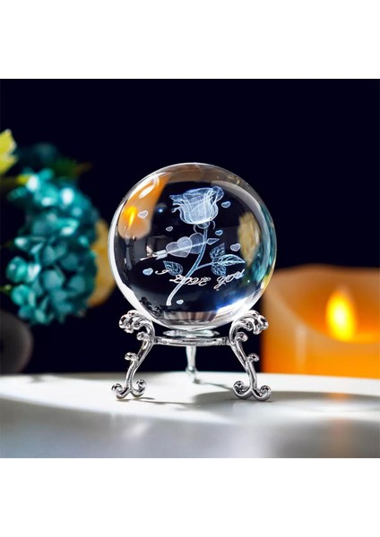Şık Metal Ayaklı 3D Gül Tasarımlı 6cm Cam Küre