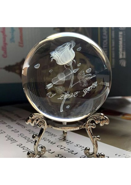 Şık Metal Ayaklı 3D Gül Tasarımlı 6cm Cam Küre modelleri