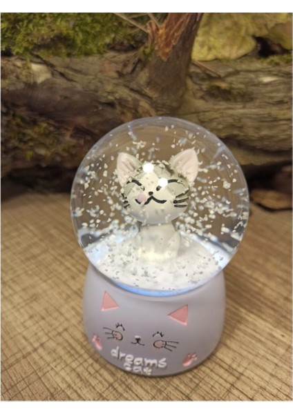 Işıklı Orta Boy Kedi Temalı Kar Küresi, Havalı ve Şık Dekorasyon Aracı