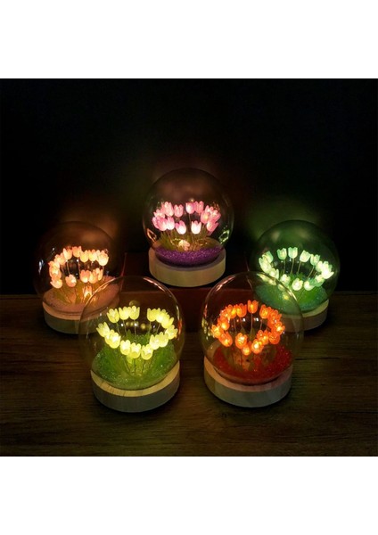 LED Işıklı Lale Cam Fanus, Beyaz, Şık ve Zarif Dekorasyon Parçası