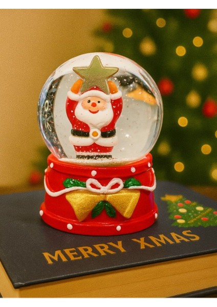 Yılbaşı LED Işıklı Yıldız Tutan Noel Baba Kar Küresi 9 cm Orta Boy
