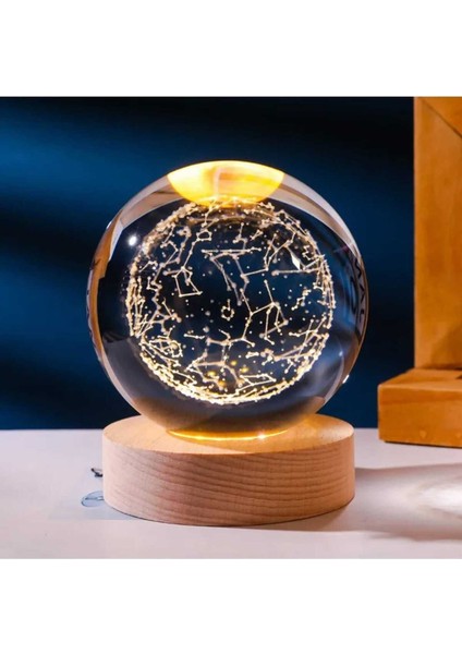 3D Kristal Cam Küre ve Ahşap Soketli LED Gece Lambası, Sıcak ve Şık Hediye