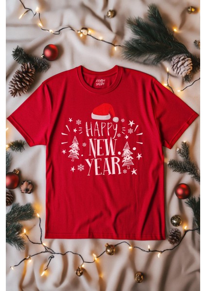 Unisex Tişört Happy New Year 2025 Yeni Yıl Hediye Noel Yılbaşı Baskılı T-Shirt