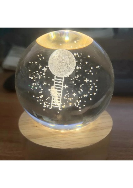Işıklı Ahşap Standlı Astronot ve Ay Desenli Cam Küre Dekorasyonu