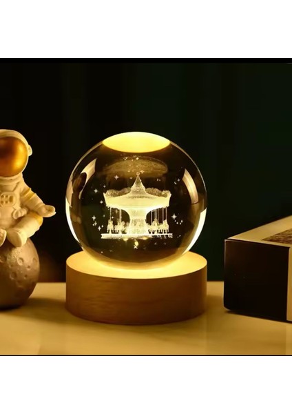 Ahşap Dönme Dolap ve Küre Gece Lambası, Sarı Işıklı, Dekoratif ve Şık Tasarım