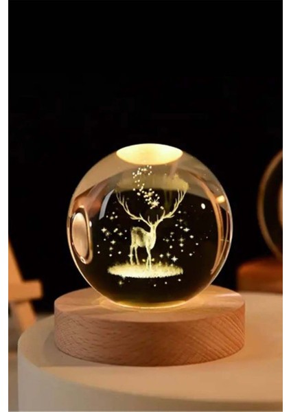 Şeffaf 3D LED Işıklı Cam Küre Geyik Figürlü Aşap Altlıklı