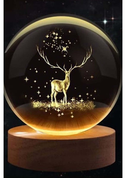 Şeffaf 3D LED Işıklı Cam Küre Geyik Figürlü Aşap Altlıklı fiyatları