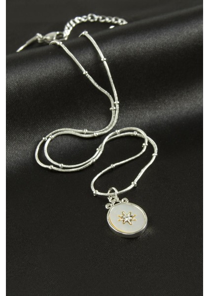 Oval Yıldız Sedef Lüks Çelik Kolye