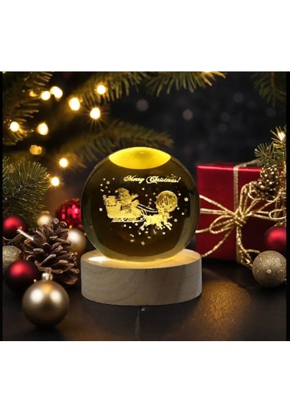 3D LED Ahşap Standlı Noel Temalı Cam Küre Işıklı, Usb'li, Şık Dekorasyon Parçası