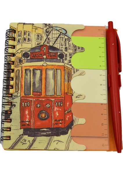 12X10 60 Yaprak Kalemli-Cetvelli Not Defteri Bloknot Istanbul Motifleri Çizgili- Tramvay (GD-8209)