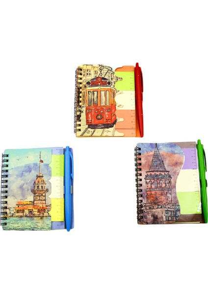 12X10 60 Yaprak Kalemli-Cetvelli Not Defteri Bloknot Istanbul Motifleri Çizgili- Tramvay (GD-8209) indirimleri