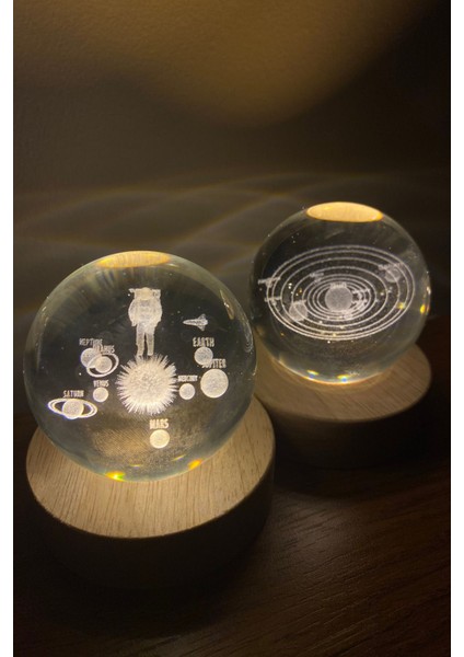 LED Işıklı Dolunay ve Astronot Küre Seti, 3D Kristal Top Hediye