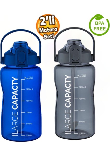 Sağlıklı Polikarbon 1.5l Su Matarası - Pipetli, Taşınabilir, Mavi Gri Renk, Büyük Kapasiteli Suluk