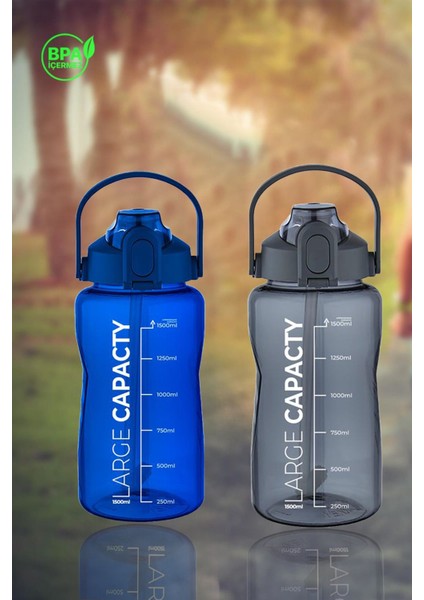 Sağlıklı Polikarbon 1.5l Su Matarası - Pipetli, Taşınabilir, Mavi Gri Renk, Büyük Kapasiteli Suluk fiyatları