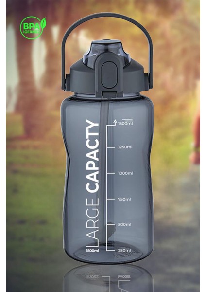 Sağlıklı Polikarbon 1.5l Su Matarası - Pipetli, Taşınabilir, Mavi Gri Renk, Büyük Kapasiteli Suluk
