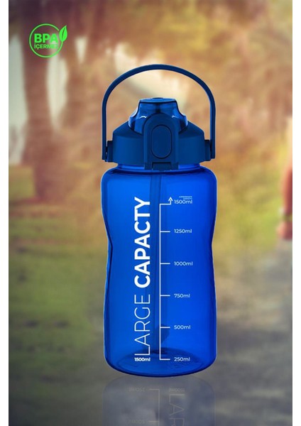 Sağlıklı Polikarbon 1.5l Su Matarası - Pipetli, Taşınabilir, Mavi Gri Renk, Büyük Kapasiteli Suluk