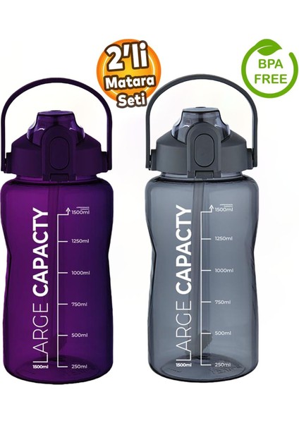 Sağlıklı Polikarbon 1.5l Su Matarası - Pipetli, Taşınabilir, Gri Mor Renk, Büyük Kapasiteli Suluk