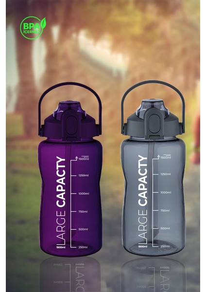 Sağlıklı Polikarbon 1.5l Su Matarası - Pipetli, Taşınabilir, Gri Mor Renk, Büyük Kapasiteli Suluk fiyatları