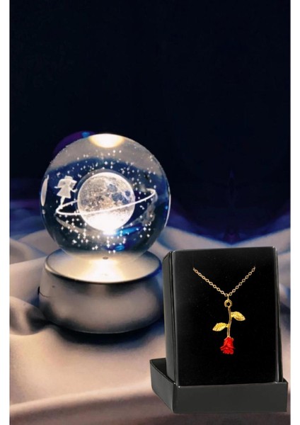 Renkli LED Işıklı Cam Satürn ve Ay Modeli, Gül Kolye ve Kar Küresi Seti