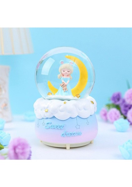 Ay Üzerinde Oturan Kız Temalı Işıklı ve Müzikli Kar Küresi