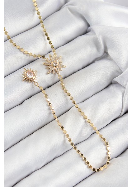 Pirinç Zirkon Taşlı Ezme Zincirli Kutup Yıldızı Model Gold Renk Y Kolye - EBJ250816W37259