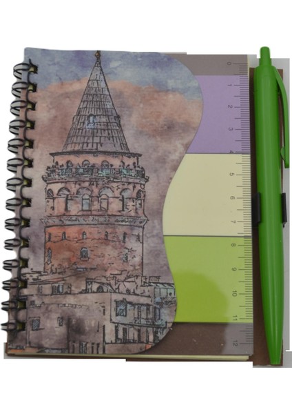 12X10 60 Yaprak Kalemli-Cetvelli Not Defteri Bloknot Istanbul Motifleri Çizgili- Galata Kulesi (GD-9849)