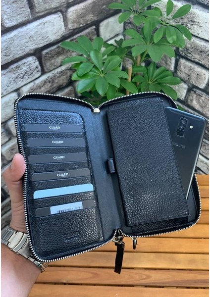 Siyah Hakiki Deri Çift Fermuarlı El Çantası - GRD250816WT1371